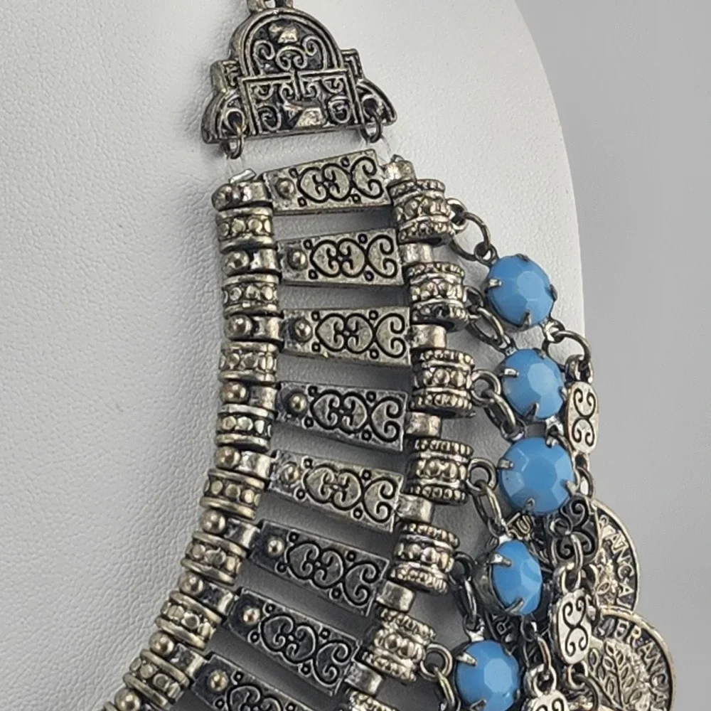 Republique Francaise SILVER Tone Faux Turquoise  Beads‎ Horns COINS NECKLACE